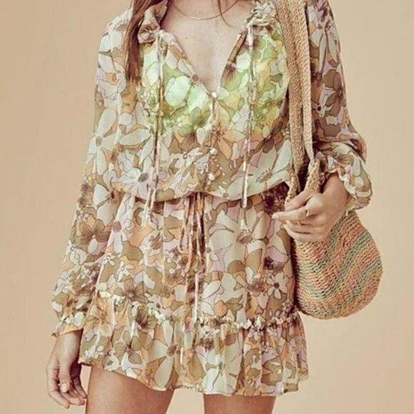 For Love and Lemons Mauritza Dress Sheer Floral Print Bell Sleeve Mini NWT Large - Picture 3 of 9